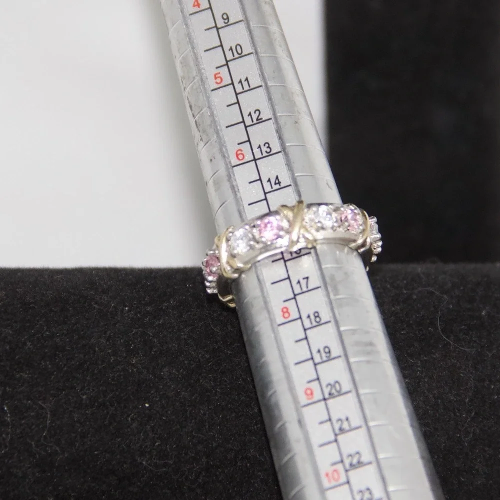 Sterling Silver Pink Clear CZ Eternity Band Ring‎ Size 7 S925 X Kiss Motif